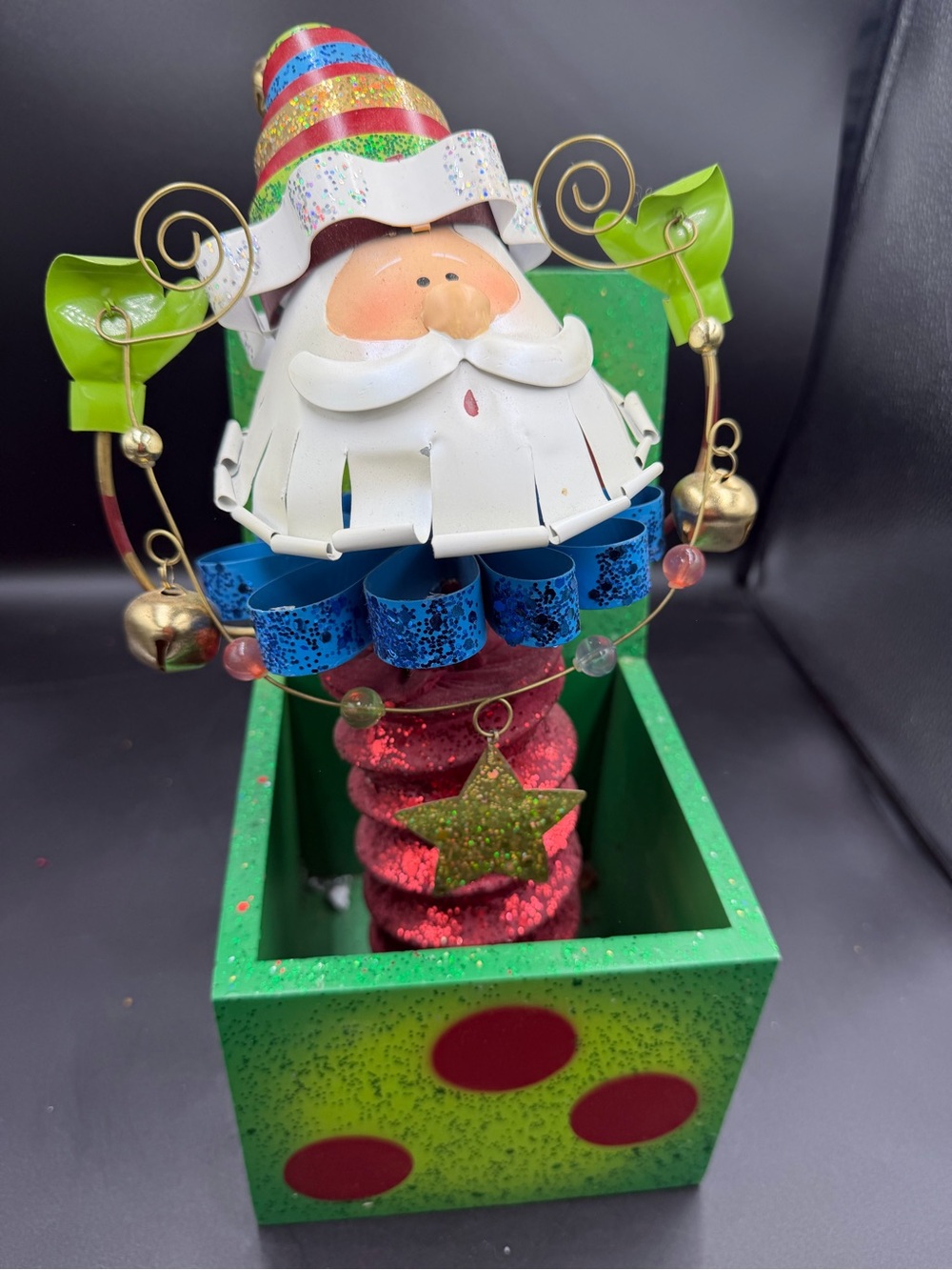 Vintage Whimsical Santa Jack in the Box Christmas Holiday Sculpture Decoration